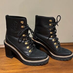 Tory Burch Black Leather Lace-Up Boots